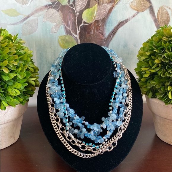 MULTI STRAND BLUE & SILVER-TONE BEADED NECKLACE - FASHION JEWELRY 🌟EUC🌟 - Picture 9 of 10